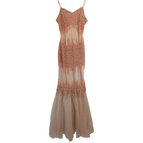 YVE London Luxury Heavy Beaded Mesh Mermaid Prom Maxi Gown Dress Small Apricot - Picture 1 of 7